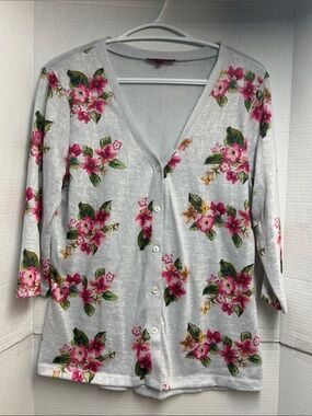 San Francisco Light Gray Floral Button-Up Cardigan with Pink Flowers Size L